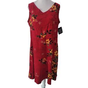 Erika Size L Red Hawaiian Floral Sleeveless Linen Blend Dress Vacation Resort